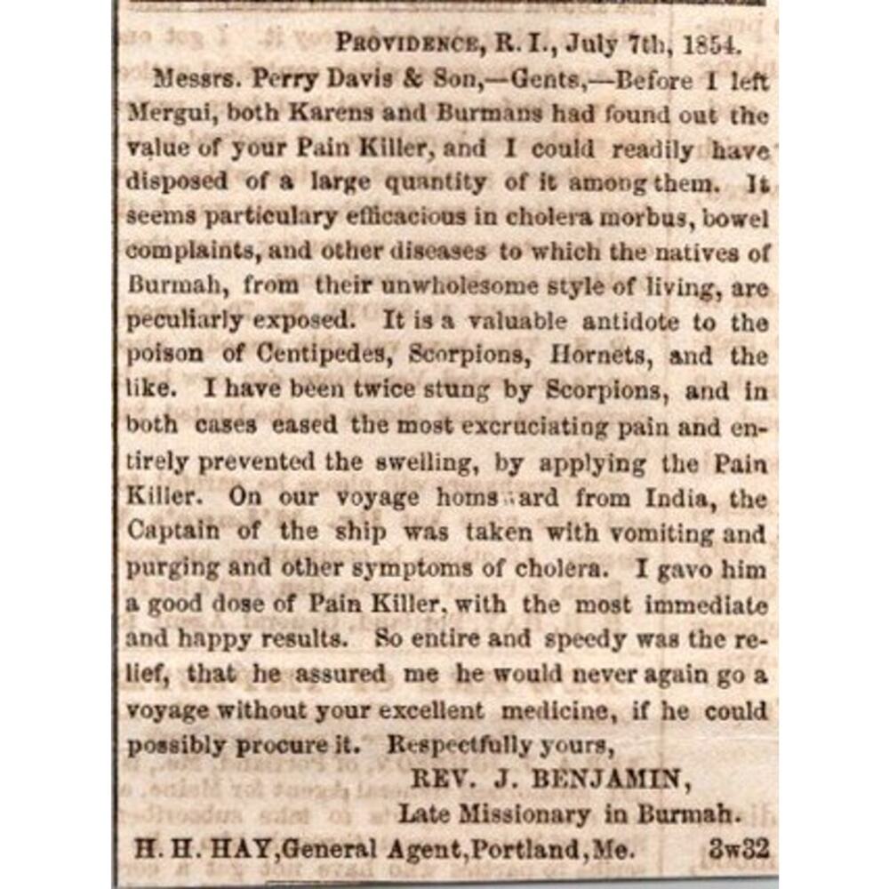 Perry Davis & Sons Rev. J. Benjamin Missionary 1855 Portland ME Clipping SAI4-M4